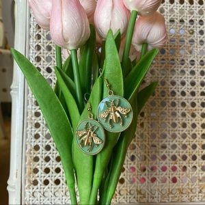 NWT Honey Bee Earrings | Gold + Emerald Green